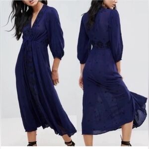 Free People Fable Midi Navy Dress Boho Floral Embroidered Size M  $168